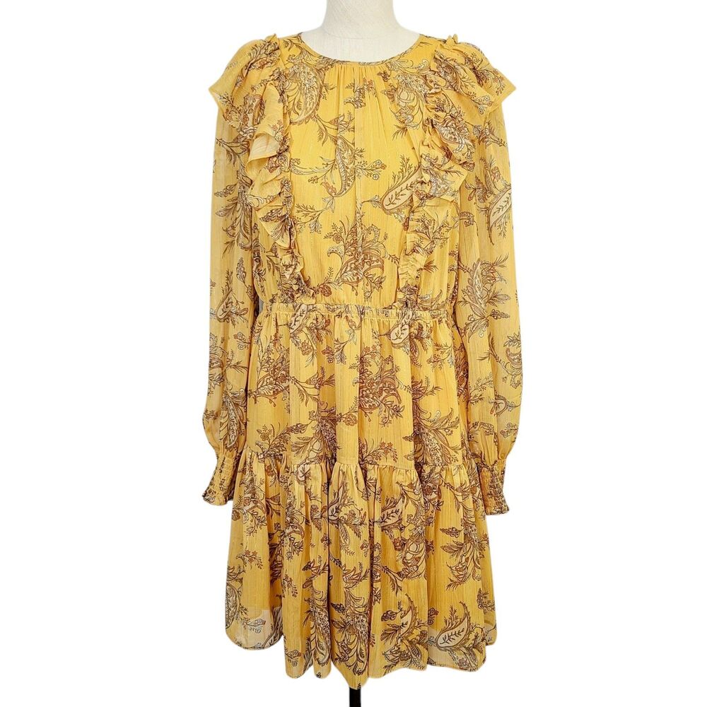 Rachel Parcell Dress M Gold Metallic Stripe‎ Chiffon Ruffle Tiered A-Line